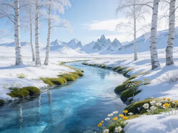 冬季雪山溪流与白桦林雪景
