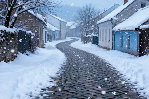 积雪覆盖的古村落小巷
