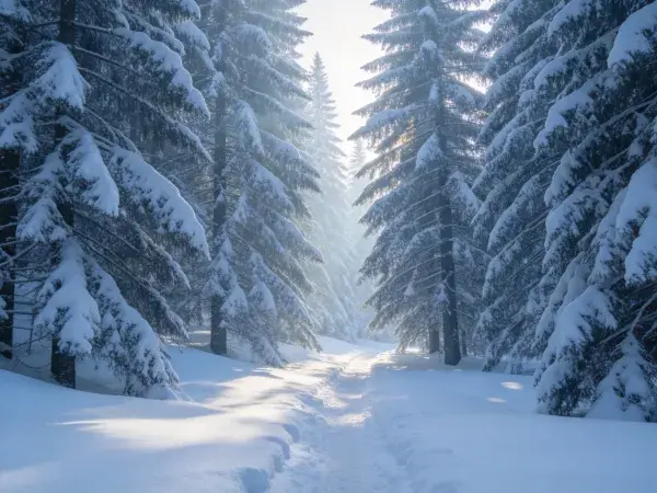 积雪覆盖的针叶树林景观