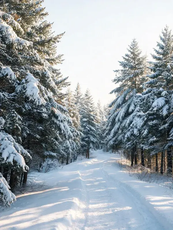 冬季雪林中的积雪小径场景