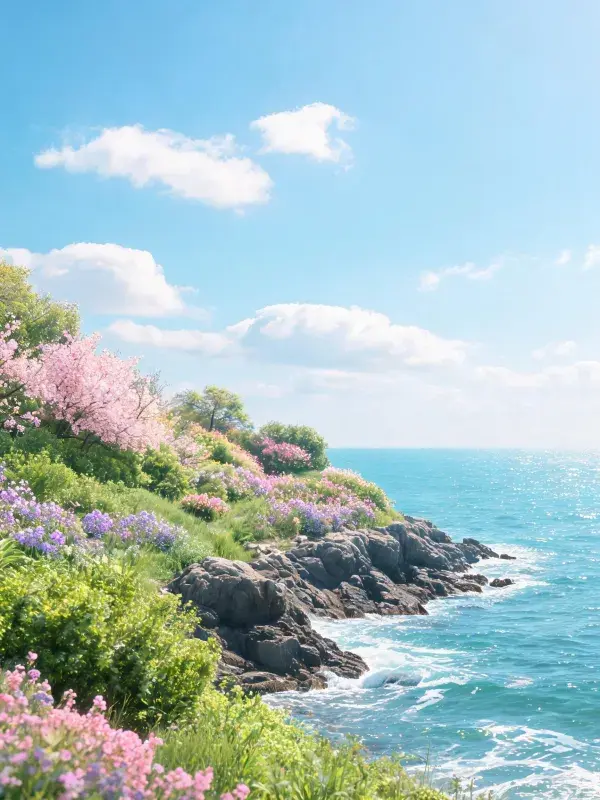 沿海岩石峭壁花草景观