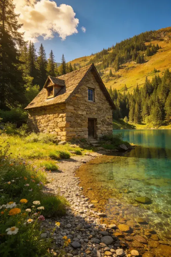 山间湖畔的石砌乡村小屋风光