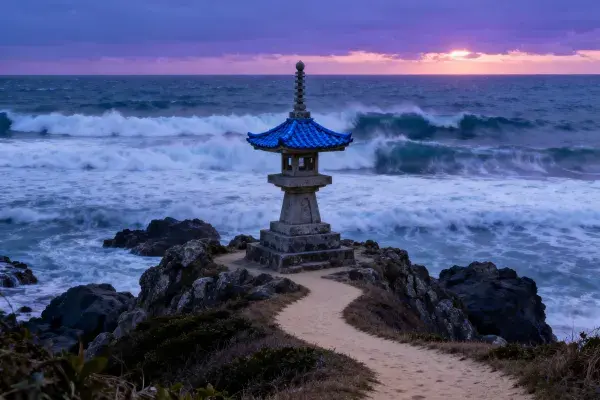 石塔与海岸风光的石质细节特写
