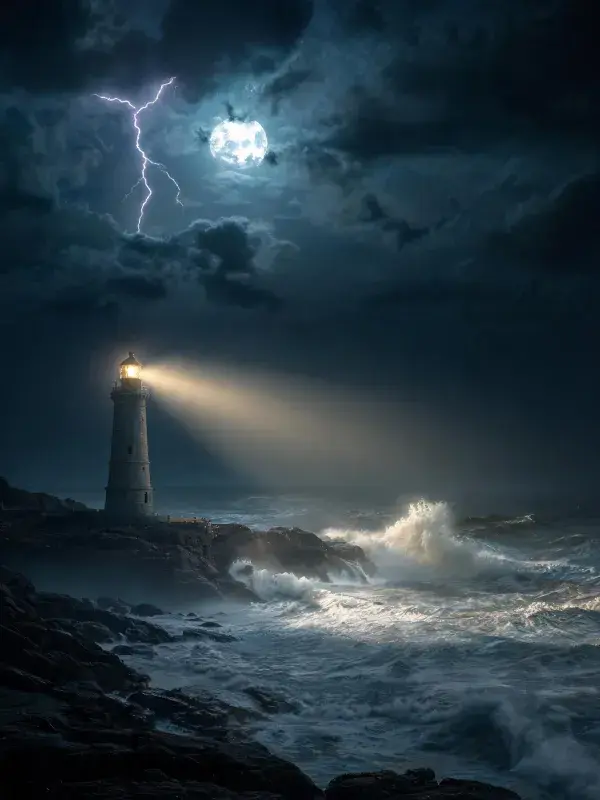 沿海灯塔与风暴海岸夜景