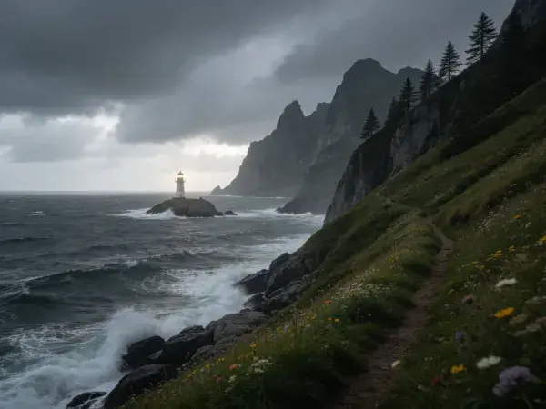 沿海灯塔与暴风雨海岸景象
