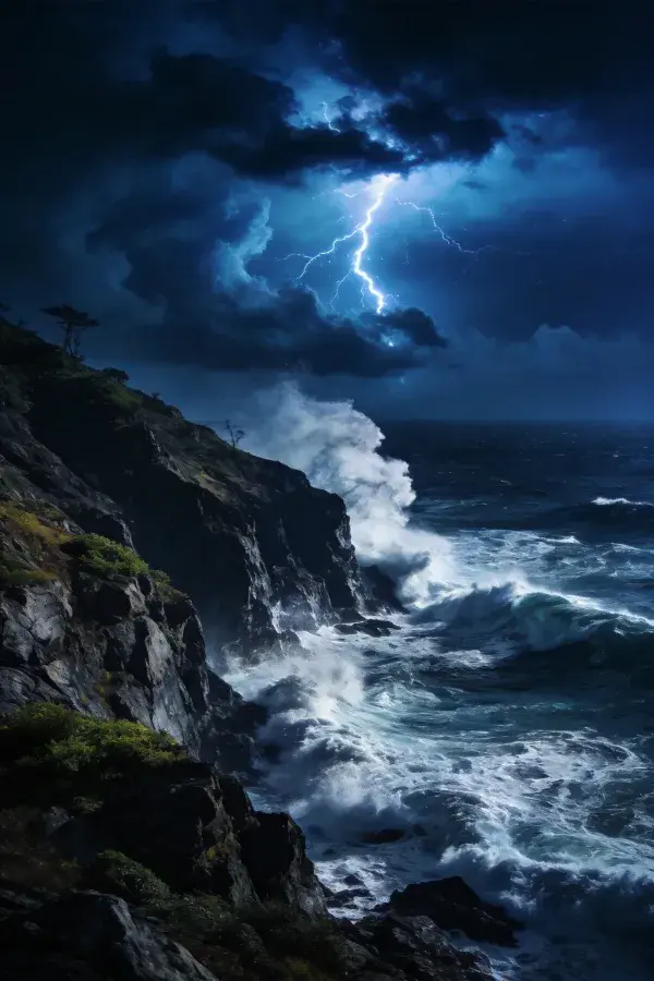 暴风雨夜海岸峭壁景观
