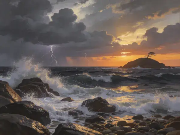 海浪冲击礁石的暴风雨海岸