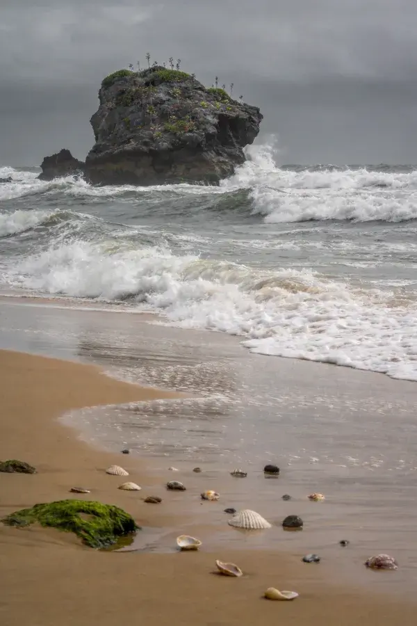 海蚀岩柱与滨海沙滩风光