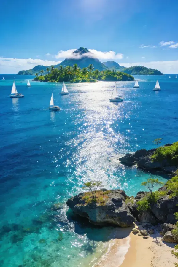 珊瑚礁热带海湾风光与帆船场景