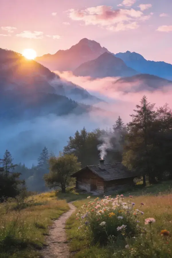 青山环绕的山地木屋与晨景