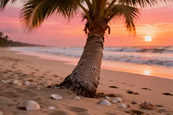 海滩边有雕刻的椰子树夕阳景观