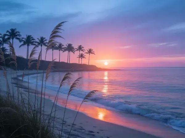 海滨日落时的棕榈树海滩景观