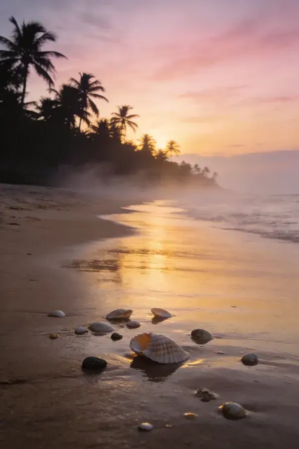 热带滨海沙滩黄昏时的海螺与椰林景象