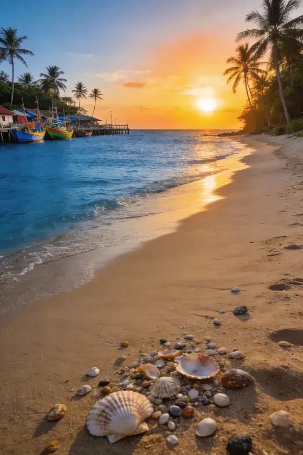 热带海滨沙滩夕阳下的彩船与贝壳景象