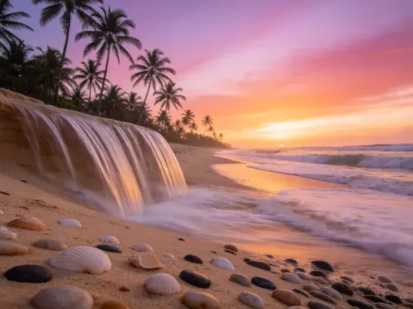 海滩边沙地流水与椰林夕阳景象