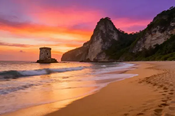 海岸夕阳下古老灯塔与层积岩景观