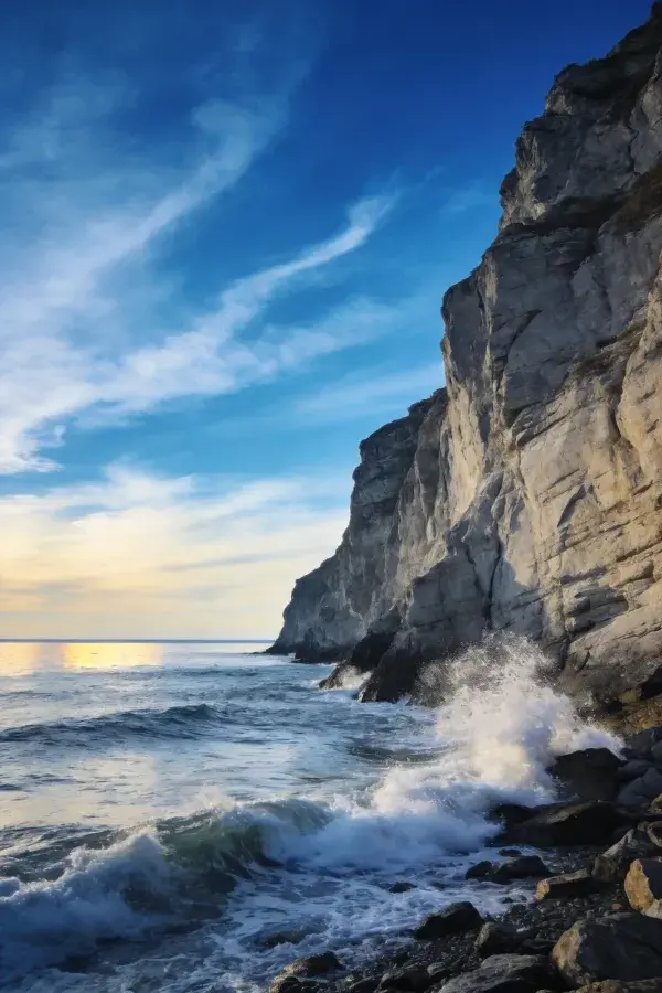 海岸层理悬崖与浪花撞击场景
