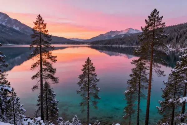 雪松环绕的高山湖泊景观