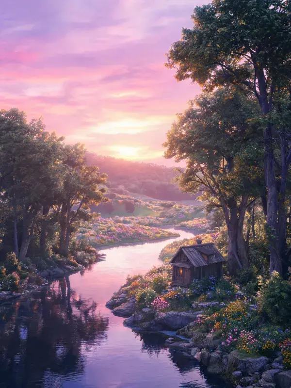 乡村溪流风景与木屋场景