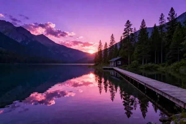 阴天下的山湖栈道小木屋风景