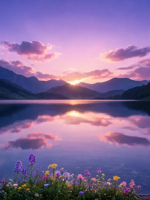 山间湖泊野花暮景时刻