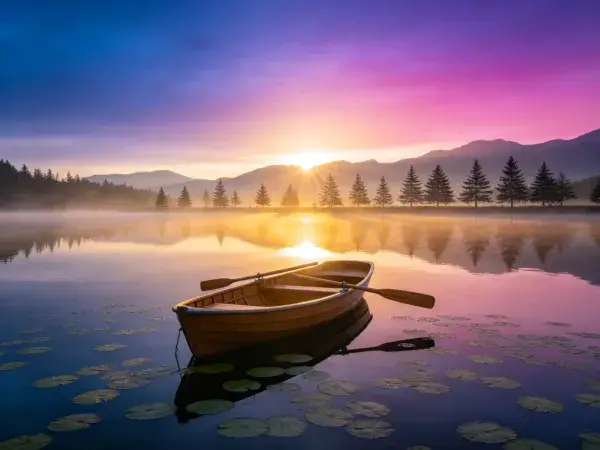 湖面木制划艇与日出景观