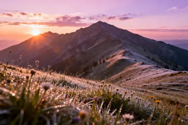 高山晨曦草甸与远峰风光