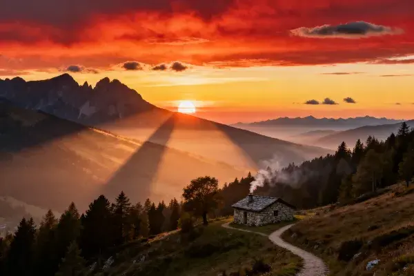 阳光穿透山间石屋的暮色风光