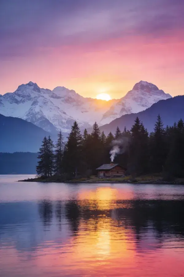 雪山脚下湖畔的木屋黄昏景