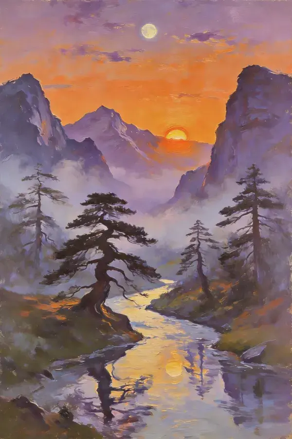 山林峡谷溪流黄昏景致