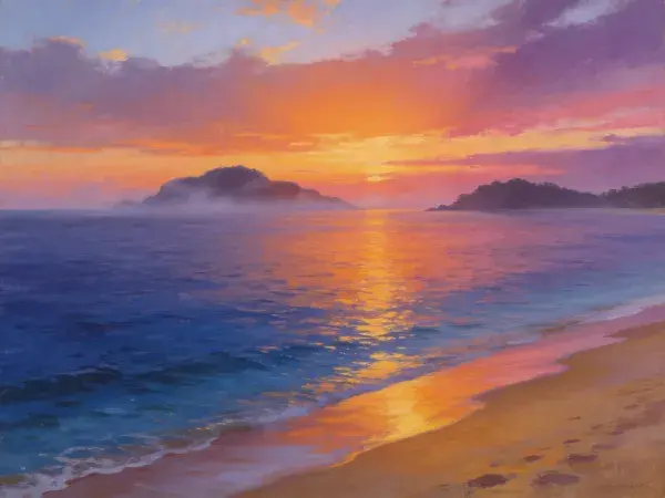 阳光洒落的滨海日落海滩景象