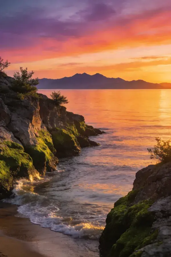 夕阳映照沿海岩石峭壁景观