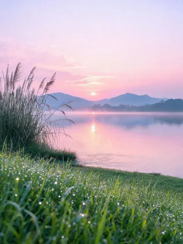 露天湖畔清晨山水风光场景