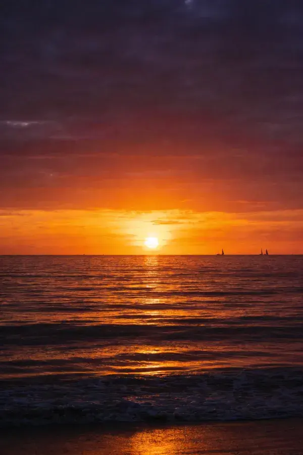 海滨日落时的海洋与帆船景观