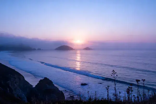 海岸晨光下的岩礁与海面景观