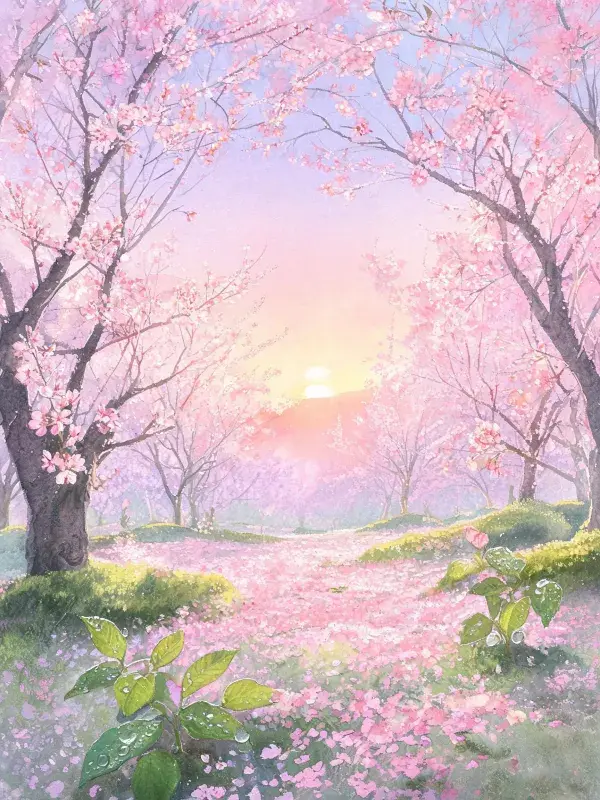 阳光下的樱花林步道景致