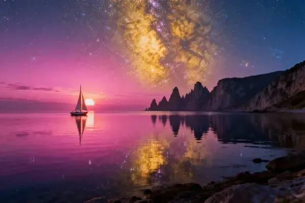海岸黄昏帆船与星空景观