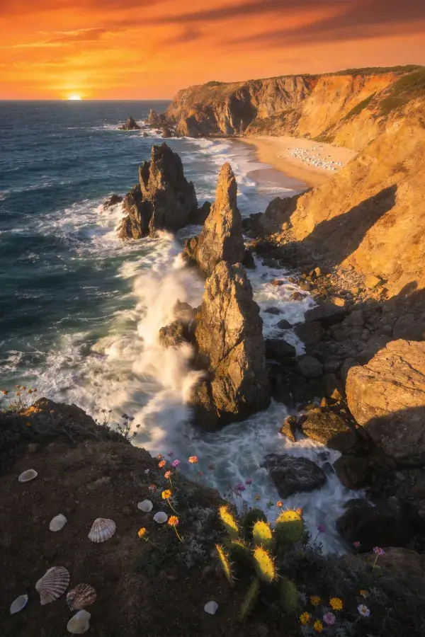 阳光下的海岸岩礁风光