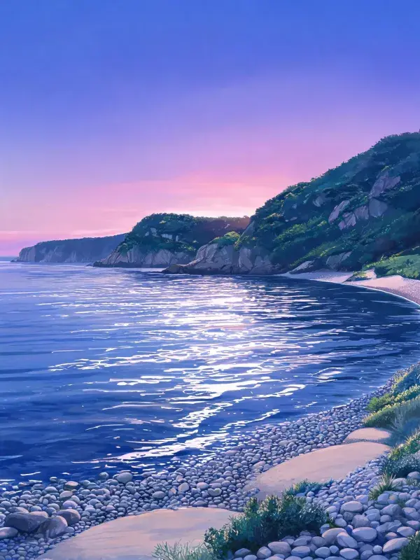 青紫黄昏下的沿海岩石海岸风光