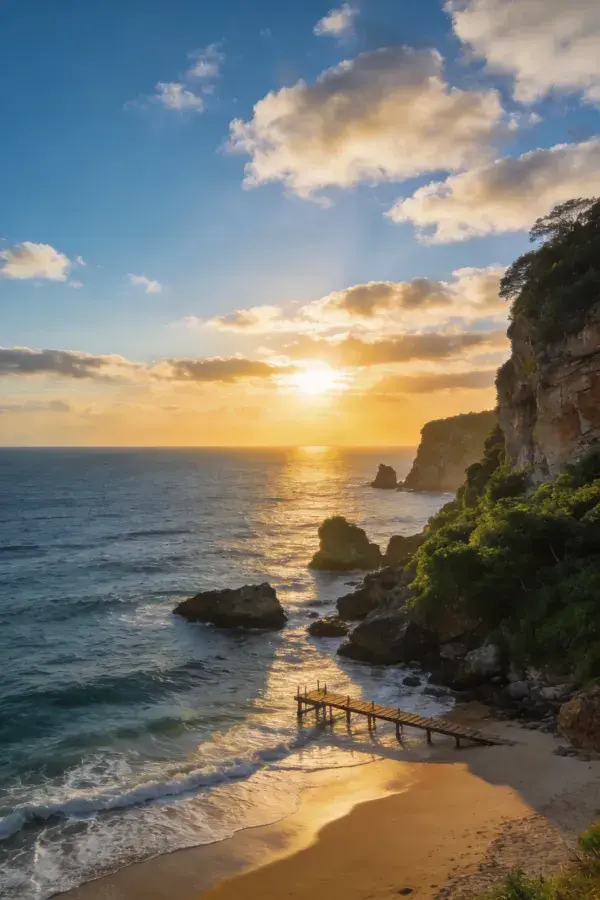 海岸岩崖风光中的沙滩码头场景