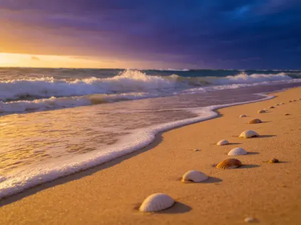 海滩贝壳与海浪的黄昏景象