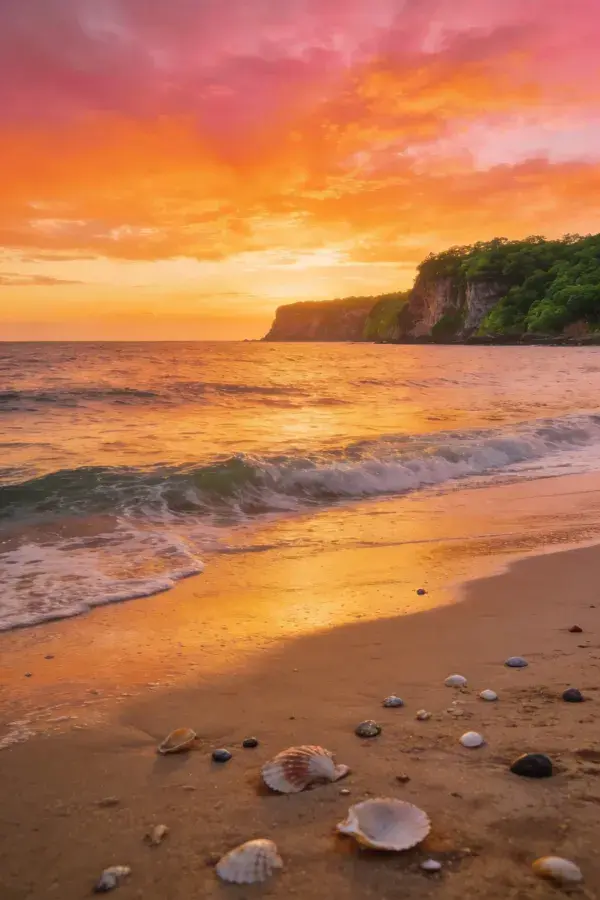海滩日落时沙滩上的海螺与卵石分布场景