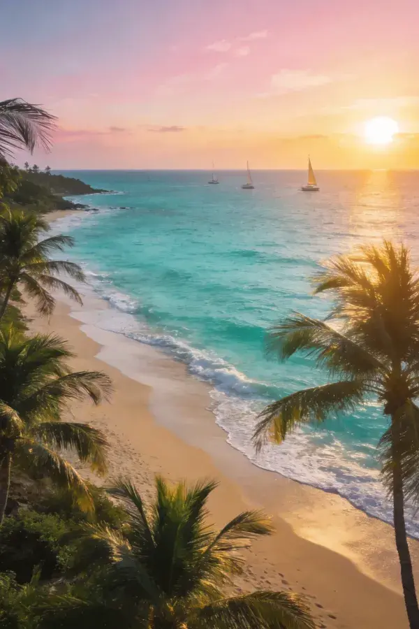 椰林沙滩夕阳下的海景