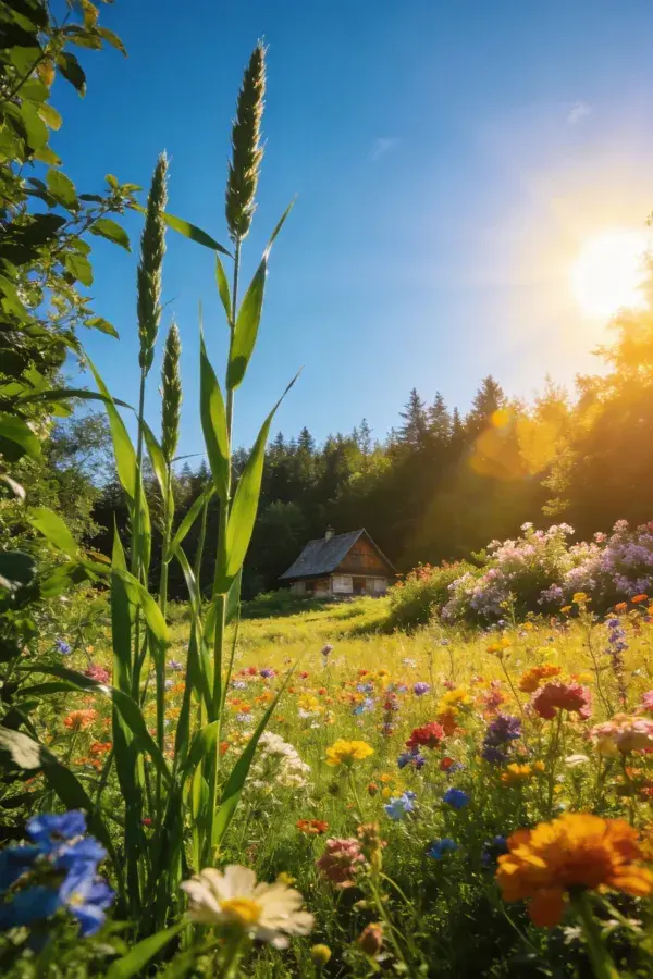 阳光洒落乡村木屋旁的花草地