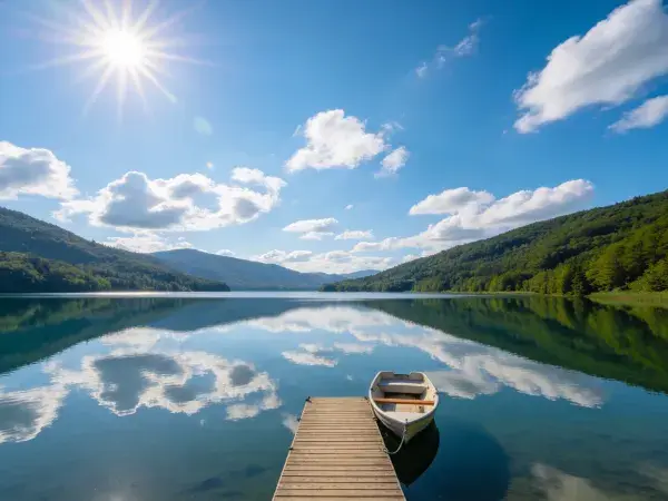 木栈道码头与湖面山水风光场景