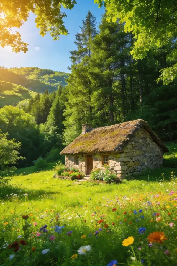 乡村石砌茅草房与花草森林景致