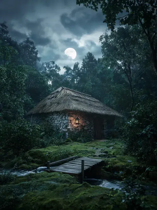 阴雨夜间的石砌茅草屋