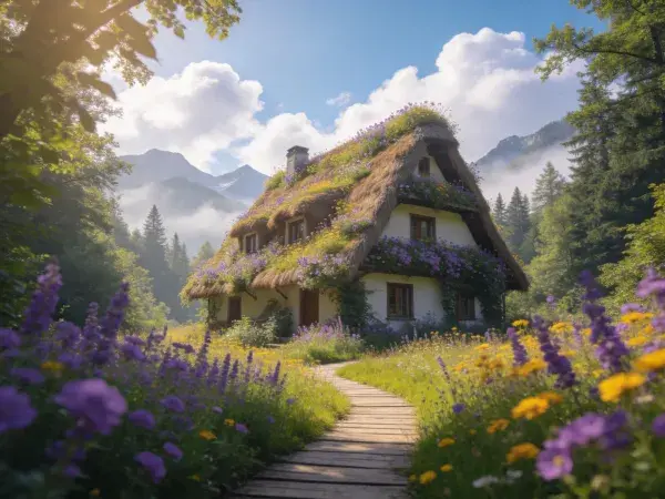 茅草屋与山林花草景象