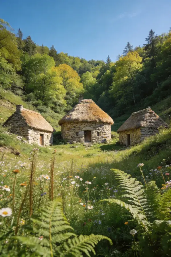 山地石砌茅草屋与山林田园景致