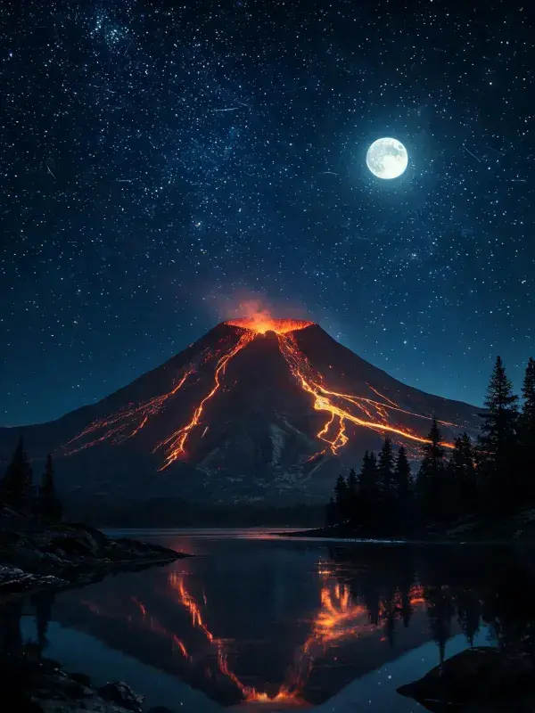 夜晚火山喷发与星空湖景
